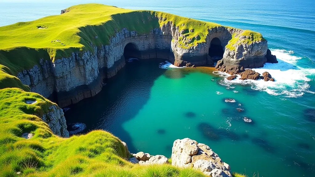 Rectangular pool of seawater (Worm Hole) carved into coastal rocks, surrounded by green grass, white foam waves visible, dramatic cliff formation