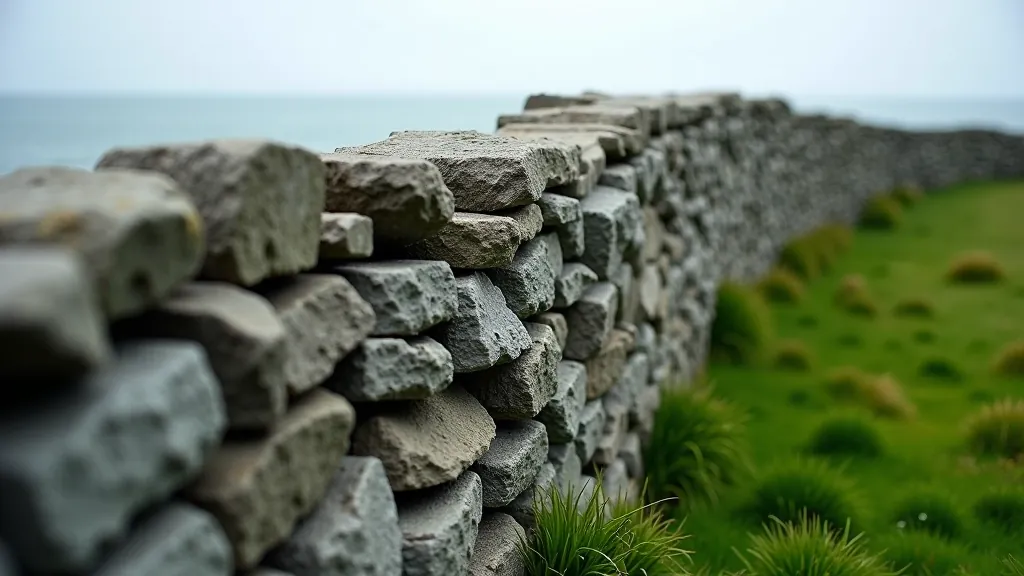 Stone fort wall structure with ancient architecture, weathered stones fitted together, green landscape background