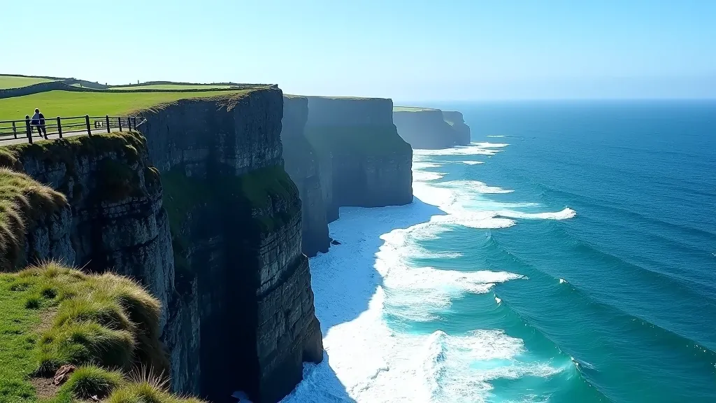 Dramatic cliff edge viewpoint with safety features, ocean view, visitor safely positioned