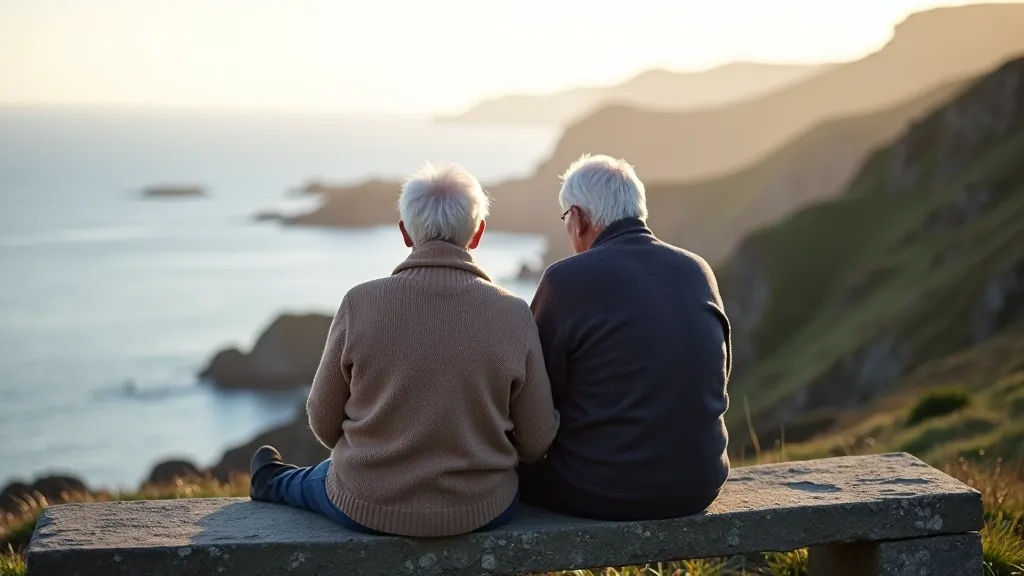 Elderly couple walking on gentle path with green fields, relaxed pace, peaceful setting