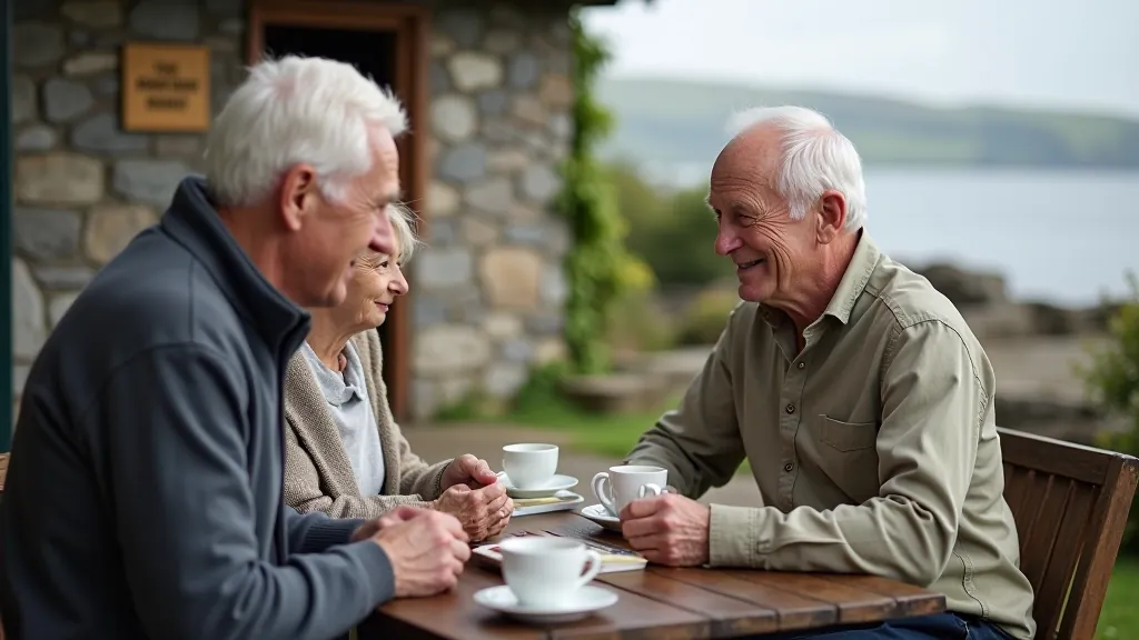 Elderly couple sitting at outdoor village cafe table, cups of tea in front, peaceful expression, natural daylight, traditional stone building backdrop
