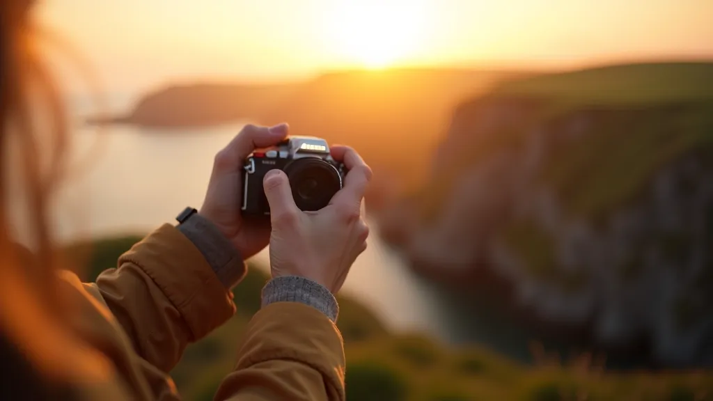 Hands holding camera photographing coastal cliff landscape during golden hour sunset
