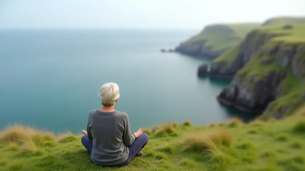 Senior woman sitting peacefully at cliff edge overlooking coastal landscape and blue ocean