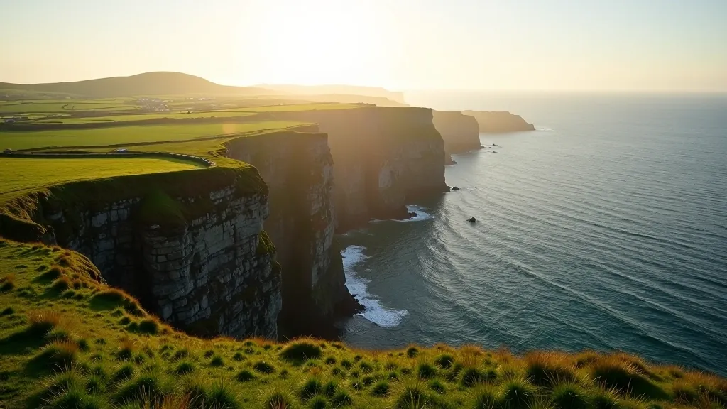 Scenic coastal landscape showing Inishmore cliffs with green fields and Atlantic Ocean vista