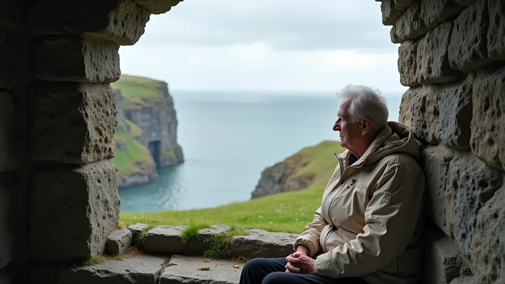 Comfortable seating area within stone fort, visitor resting on stone bench, landscape views visible