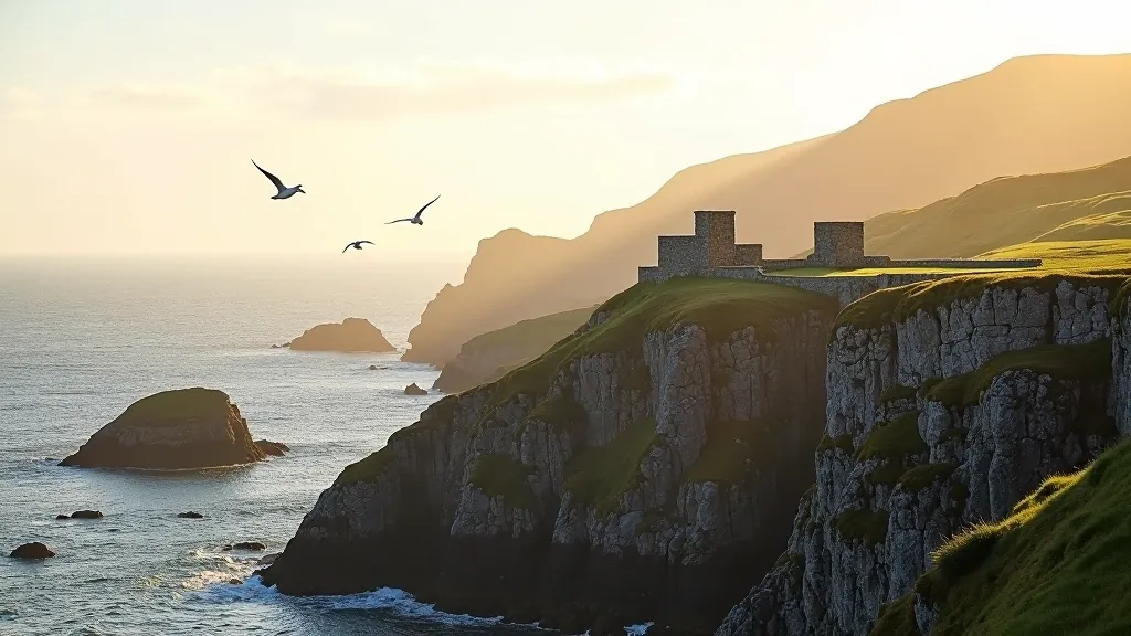 Seabirds flying over dramatic rocky coastline and ancient stone structures