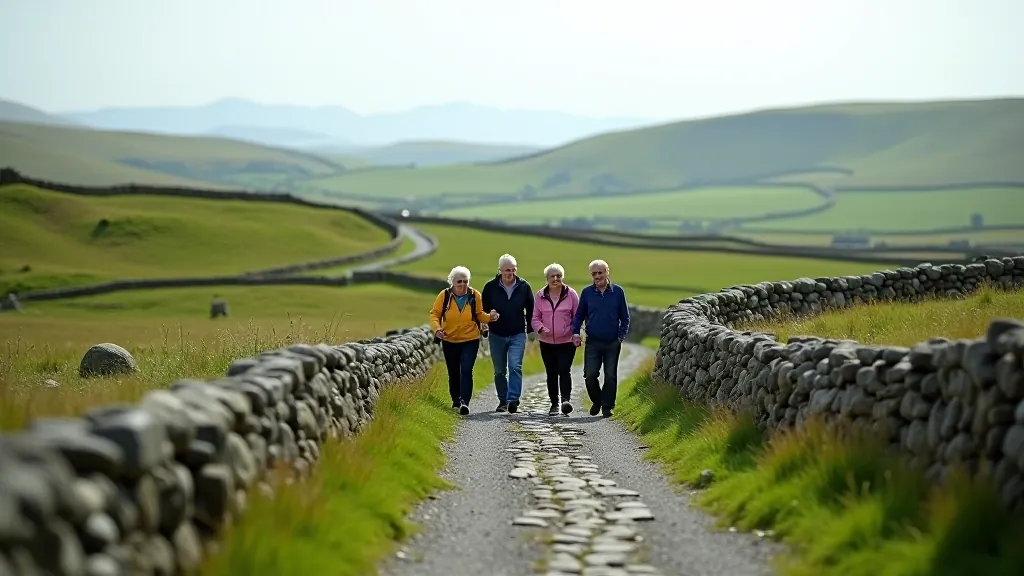 Group of mature travellers walking together on rural stone path with green hills and traditional stone walls