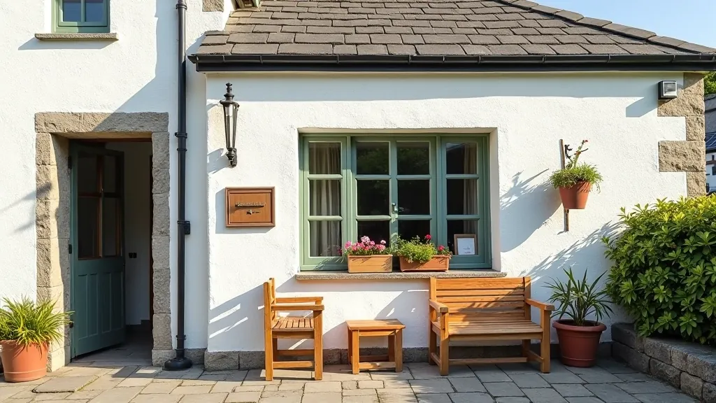 Charming photograph of traditional Irish stone cottage with whitewashed walls, small café sign, wooden benches outside, purple flowers in window box