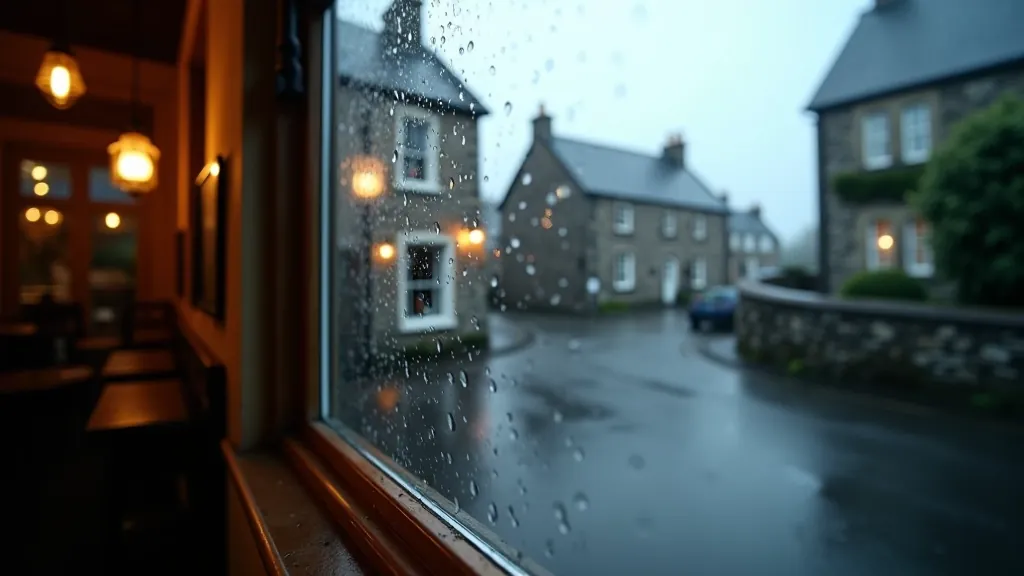 Window view from cafe interior showing rainy village street, rain drops on glass, blurred storefronts, moody natural lighting, cozy indoor warmth contrast